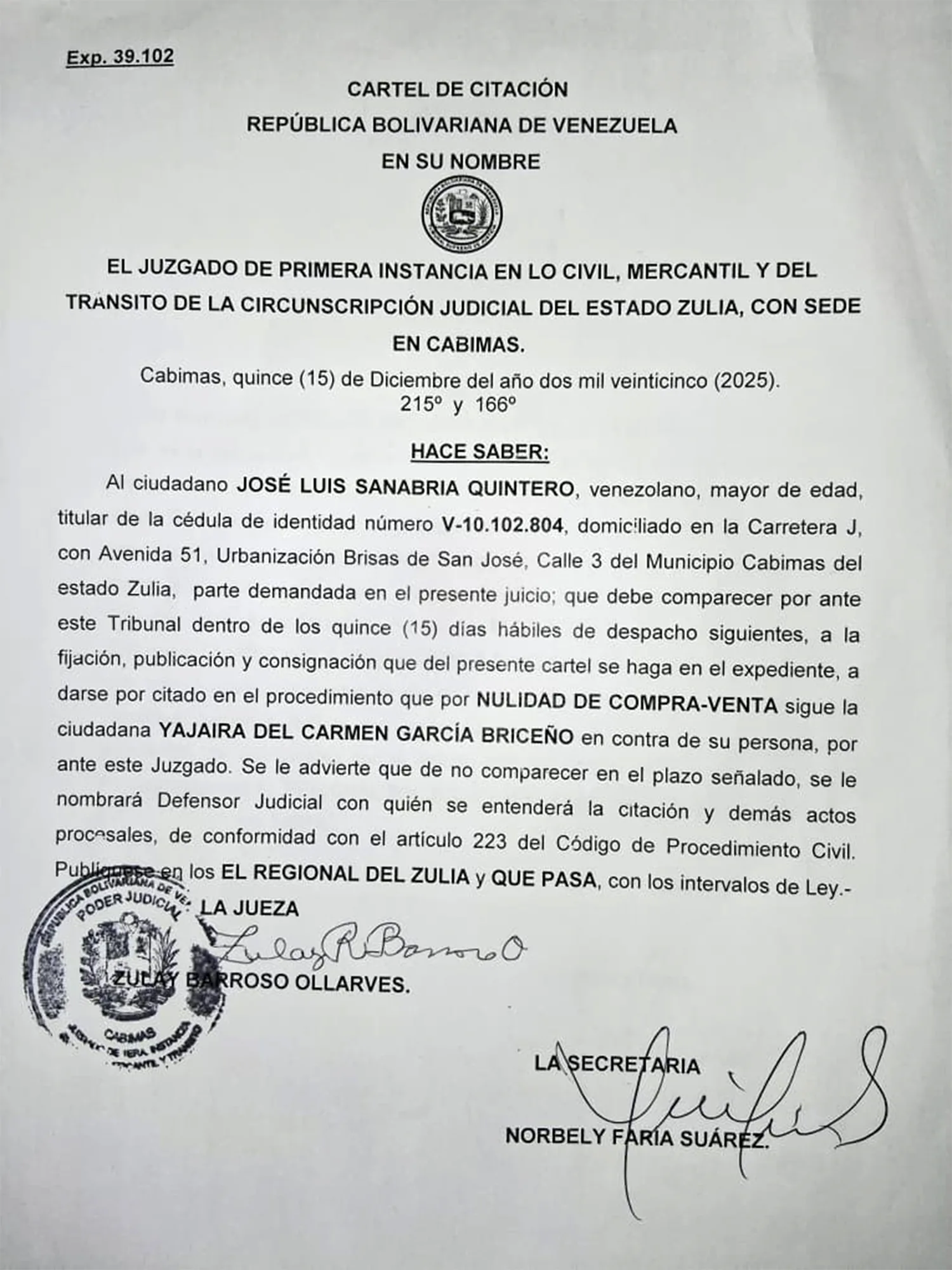 CARTEL DE CITACIÓN: JOSÉ LUIS SANABRIA QUINTERO