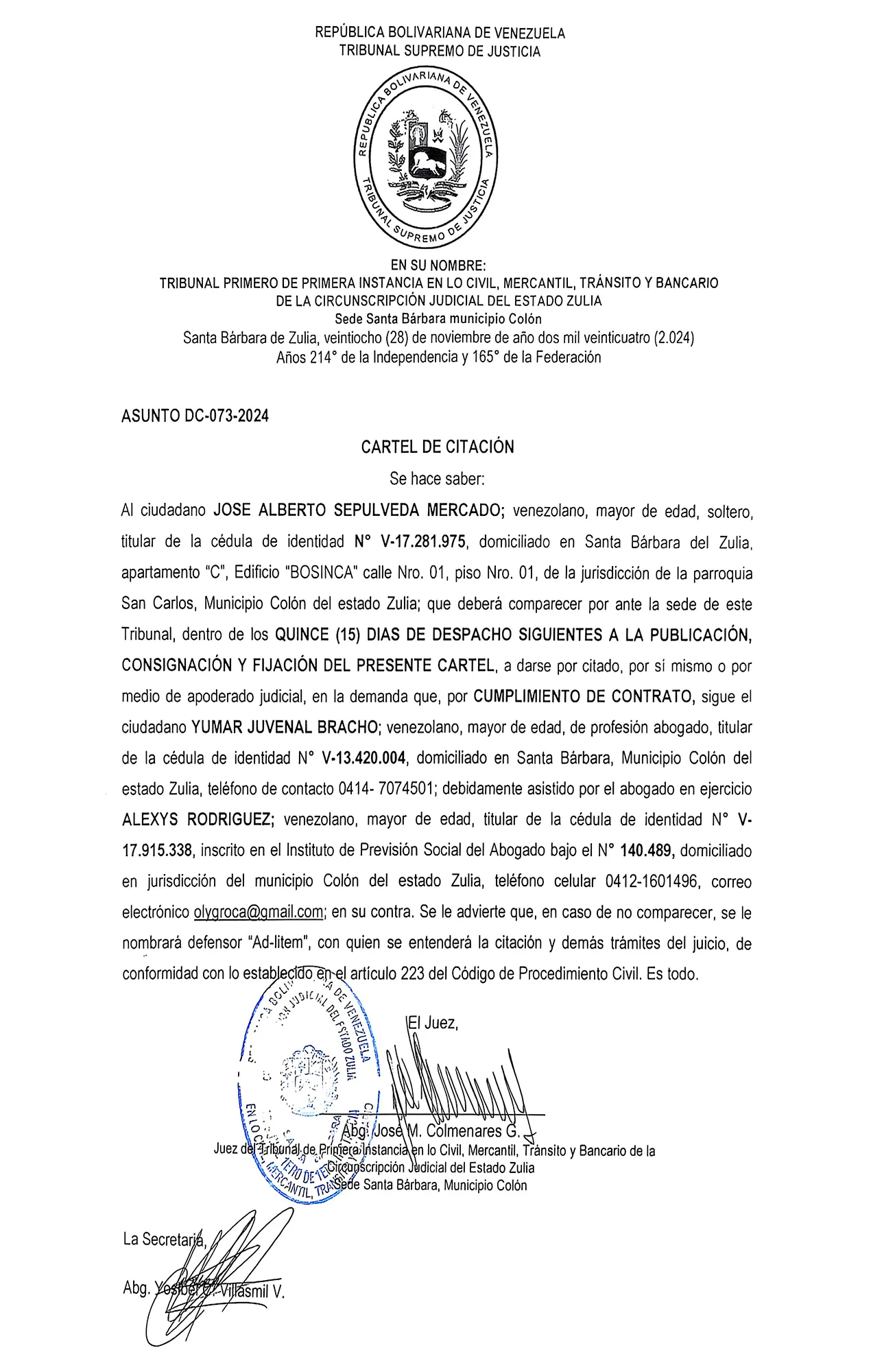 CARTEL DE CITACIÓN: "JOSE ALBERTO SEPULVEDA MERCADO"