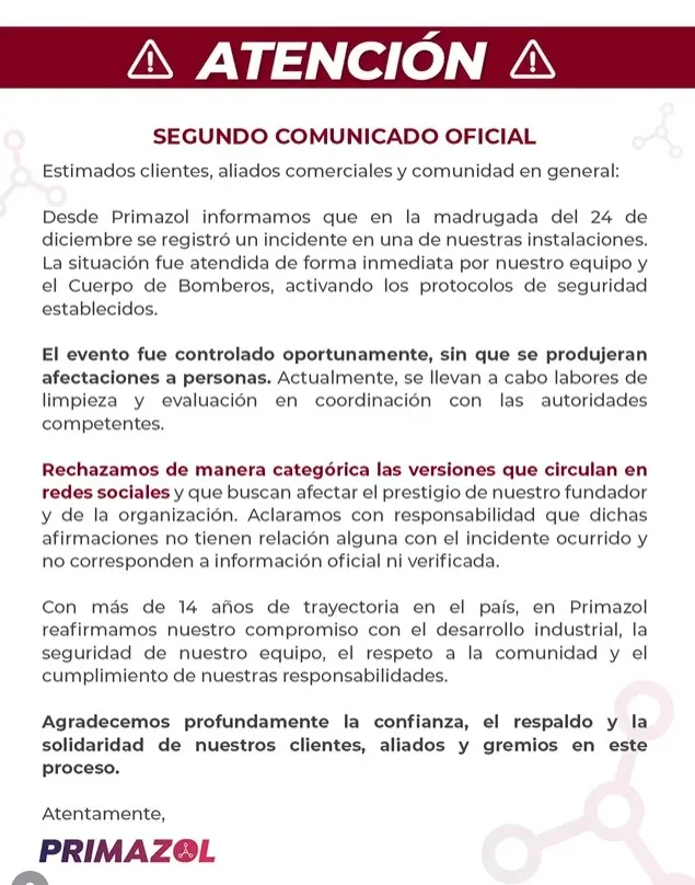 Primazol desmiente nexo entre explosión y “posible ataque” de Trump