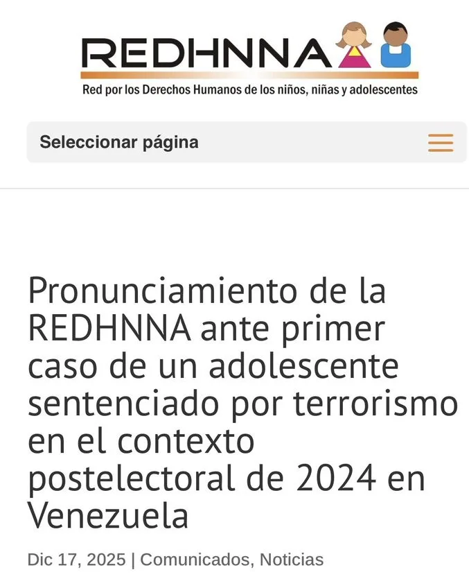 Redhnna alertó sobre uso desproporcionado del derecho penal contra un menor en Venezuela