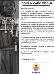 San Benito COL: "Nos apegamos a la decisión de las autoridades sobre la procesión del 6 de enero en Cabimas "
