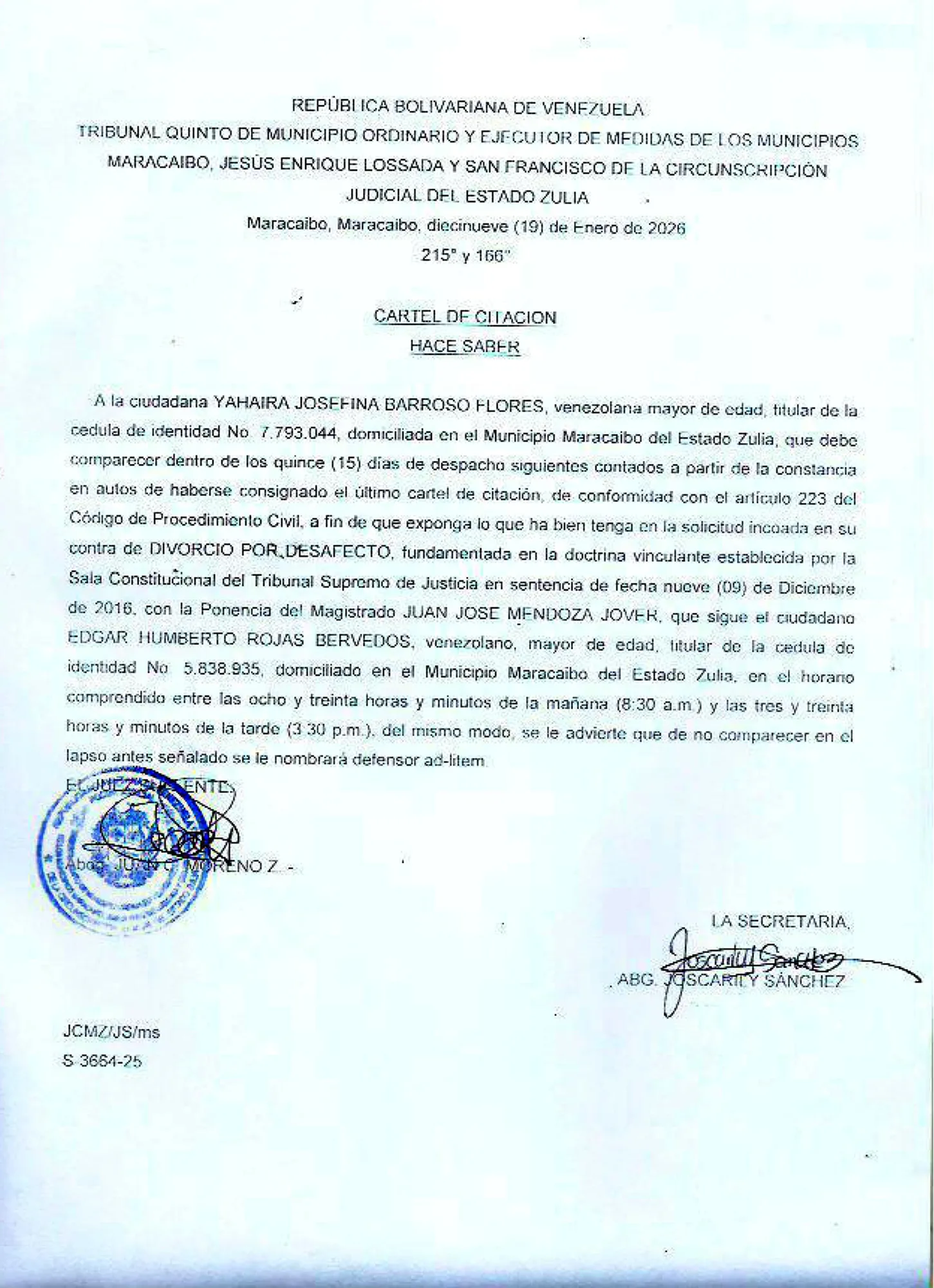 CARTEL DE CITACIÓN: "YAHAIRA JOSEFINA BARROSO FLORES"