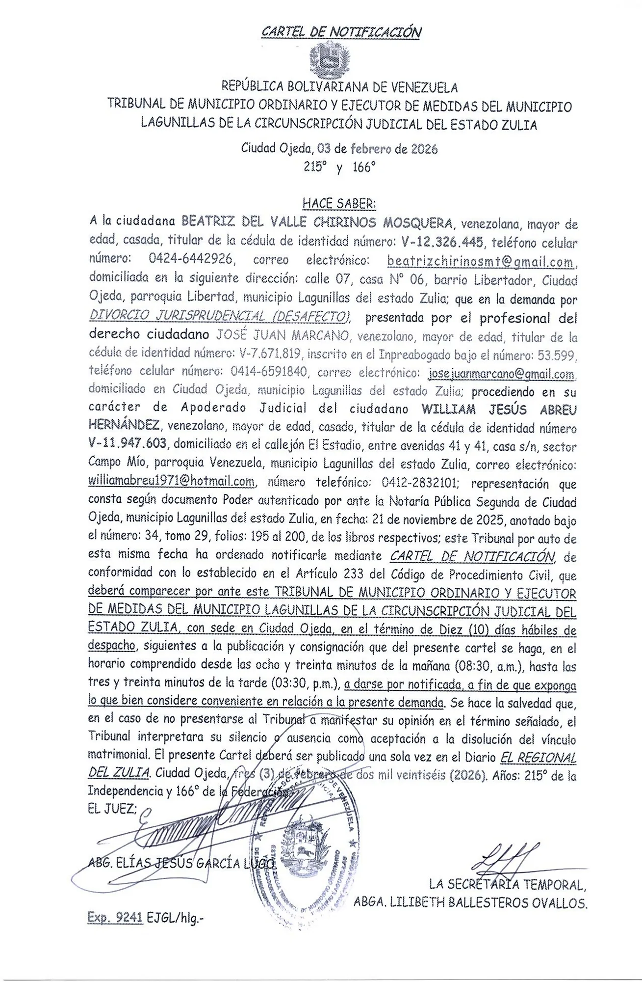 CARTEL DE NOTIFICACIÓN: BEATRIZ DEL VALLE CHIRINOS MOSQUERA