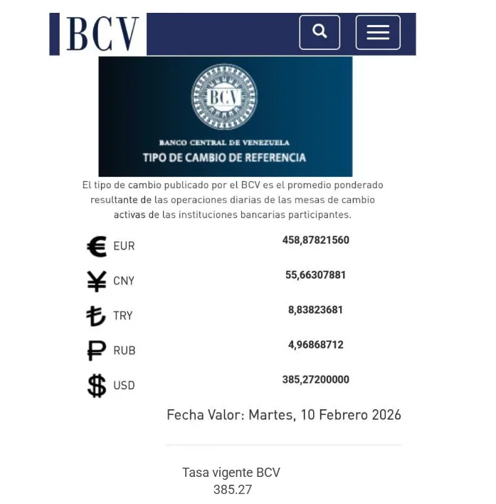 Dólar se cotizará en Bs 385 27 este martes 10 de febrero de 2026