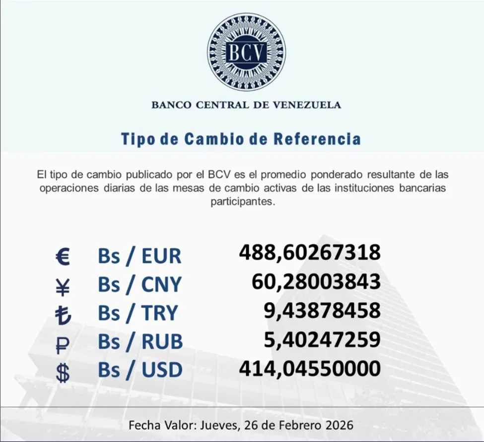El dólar oficial se cotizará en 414 04 bolívares este jueves 26 de febrero