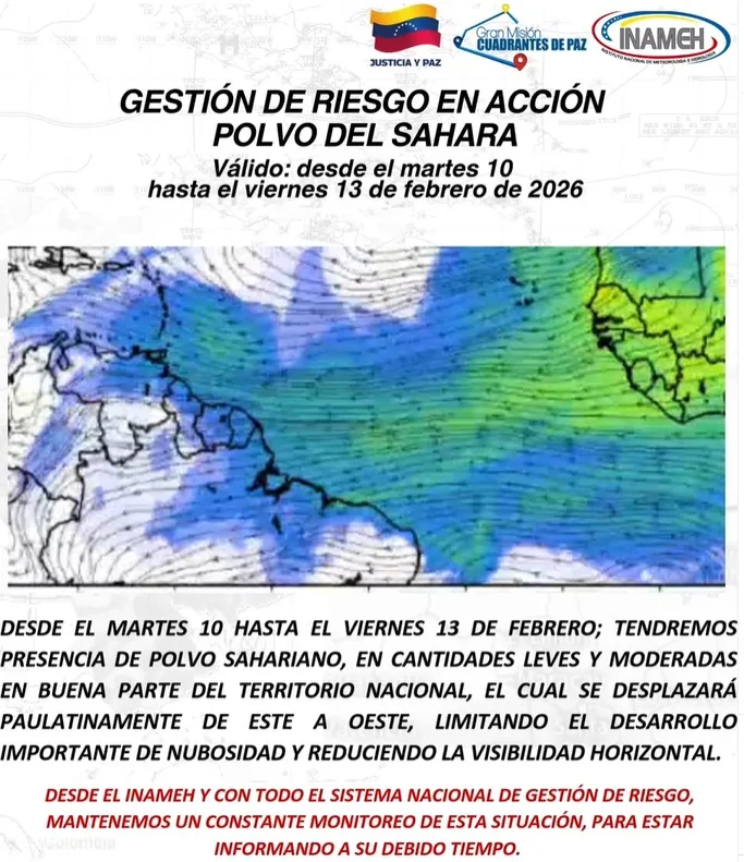 Inameh pronostica presencia de polvo del Sahara a partir de este martes 10-Feb