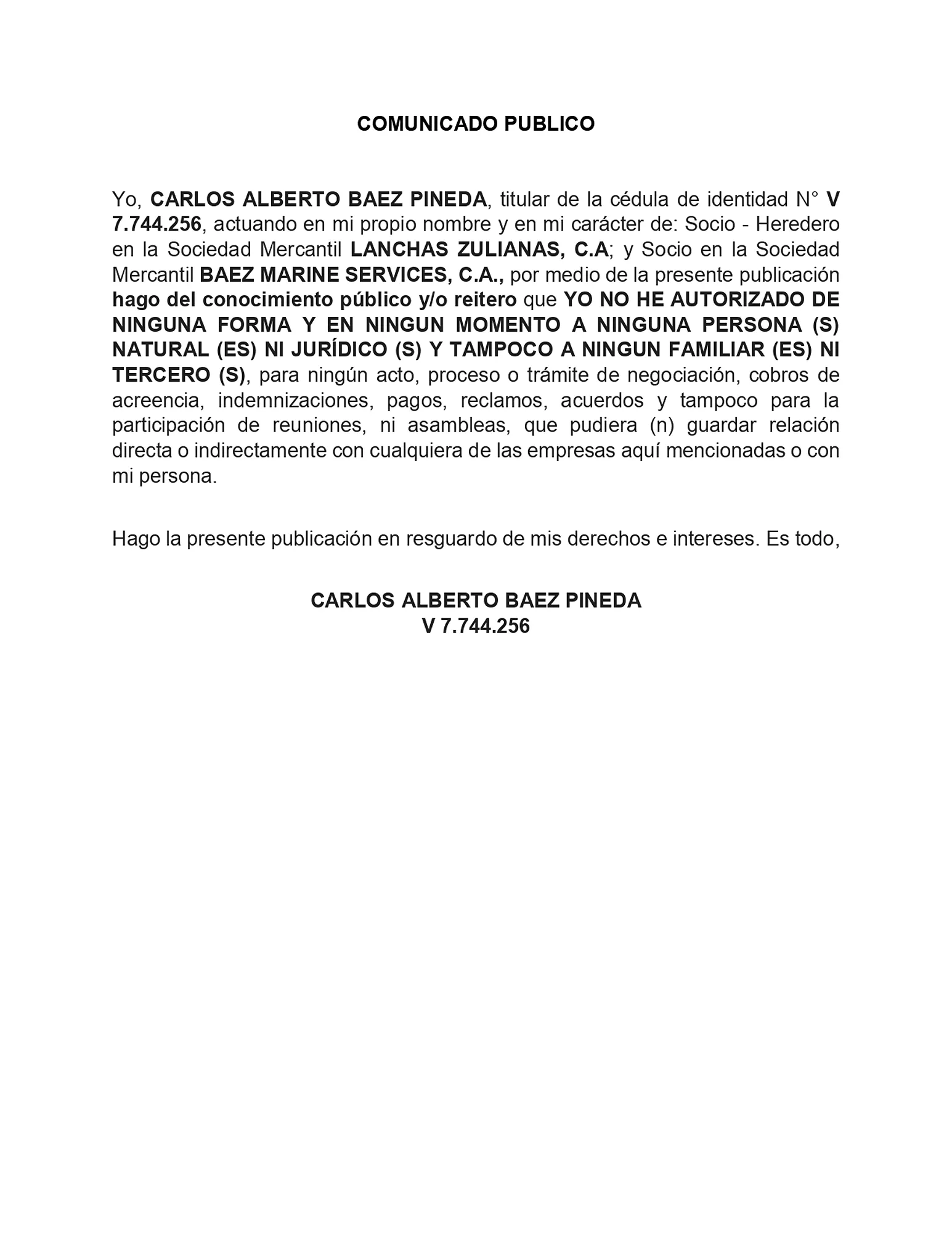 COMUNICADO PUBLICO
