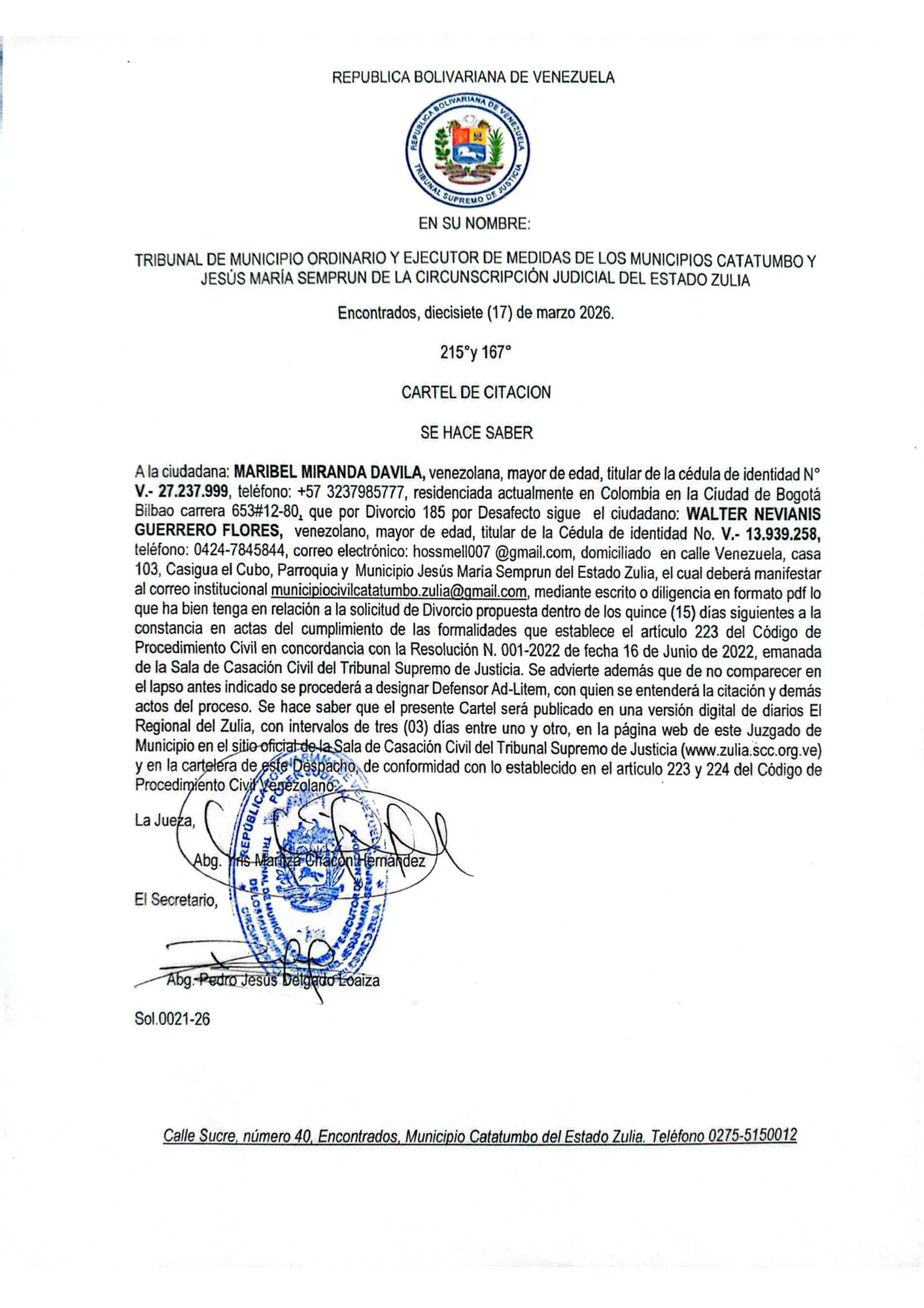 CARTEL DE CITACIÓN: MARIBEL MIRANDA DAVILA
