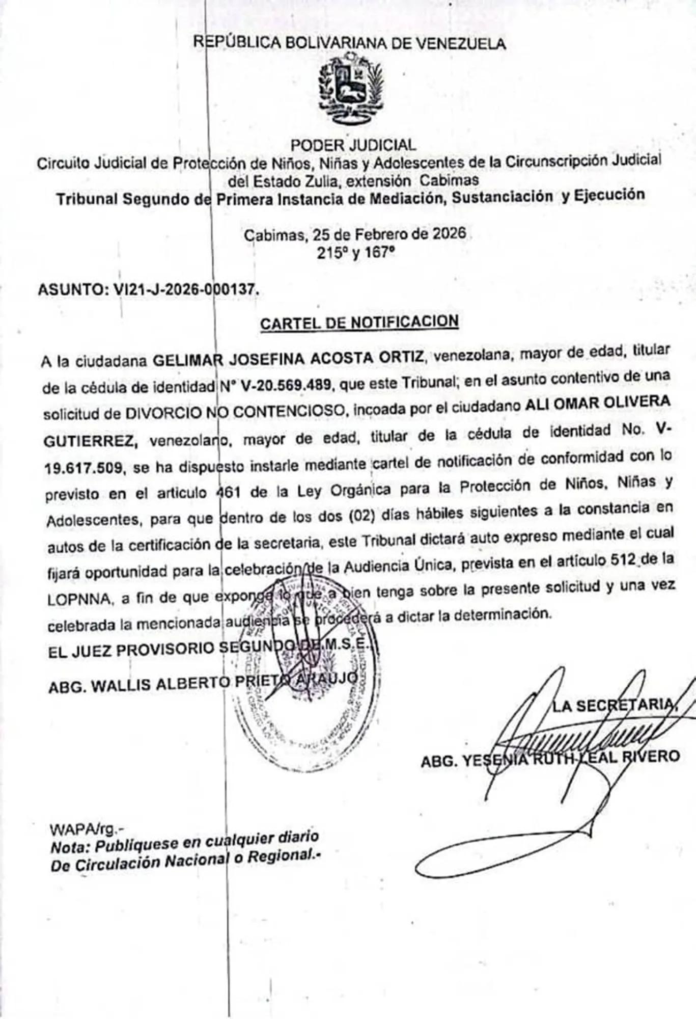 CARTEL DE NOTIFICACIÓN: "GELIMAR JOSEFINA ACOSTA ORTIZ"