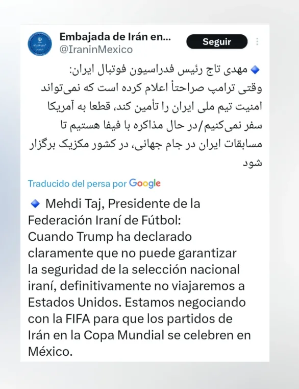 Irán pide a la FIFA trasladar a México sus partidos del Mundial
