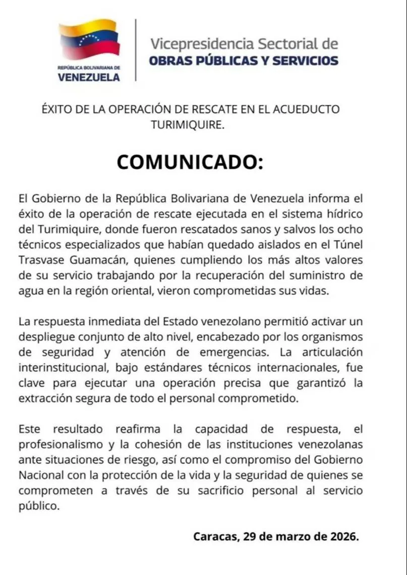 Rescatados técnicos atrapados en el sistema hídrico de Turimiquire