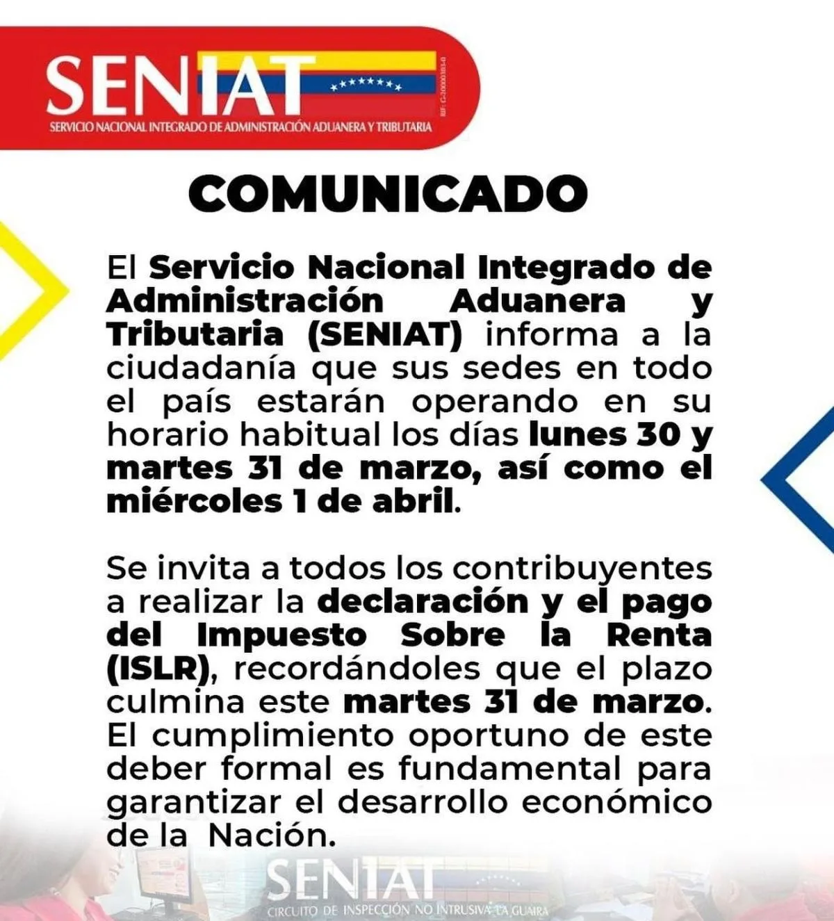Seniat laborará los primeros tres días de la Semana Santa
