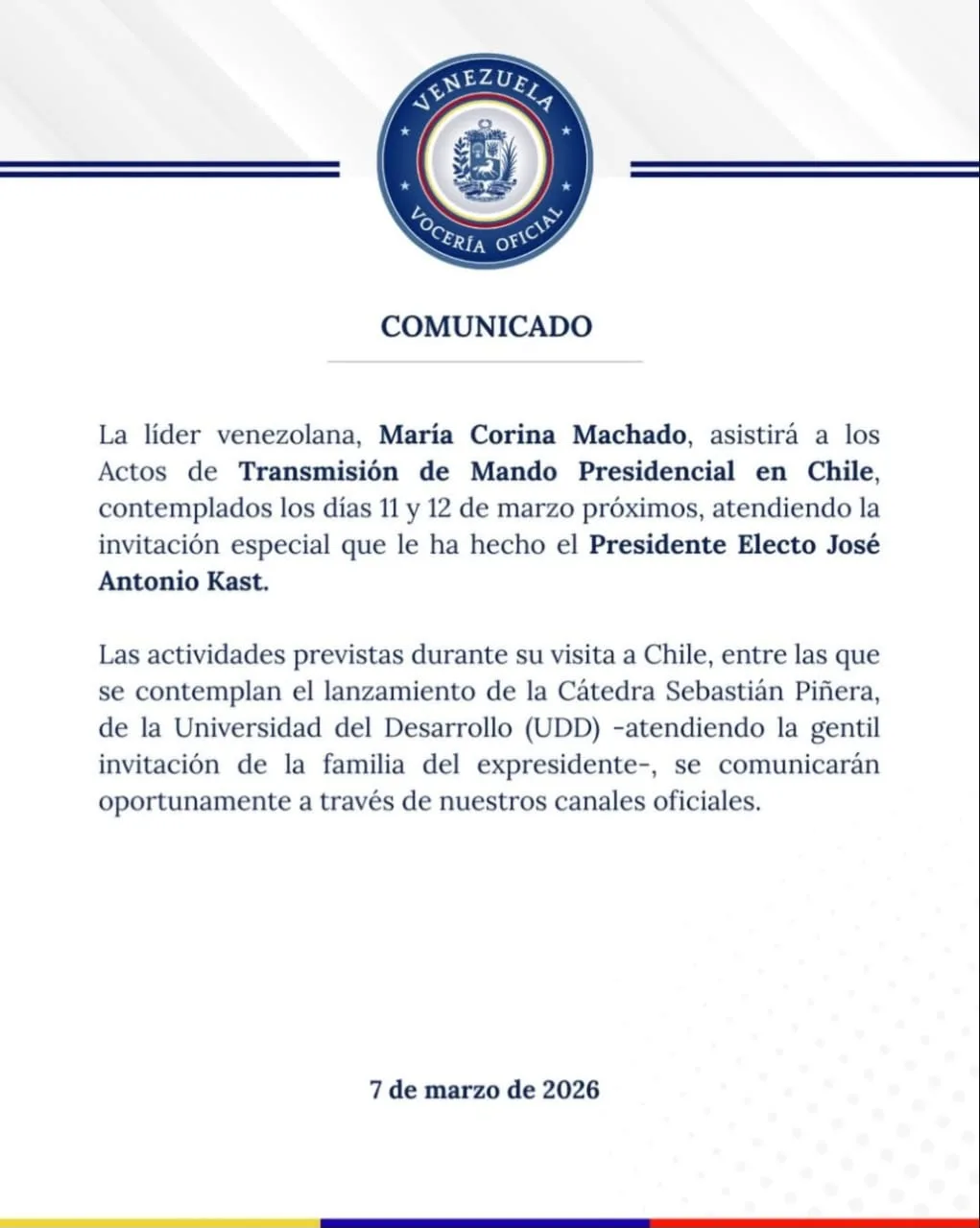 comunicado de Maria Corina Machado y su asistencia a Chile
