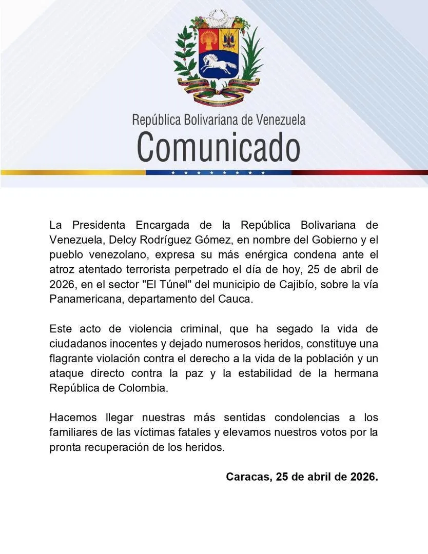 Venezuela condena atentado en Colombia