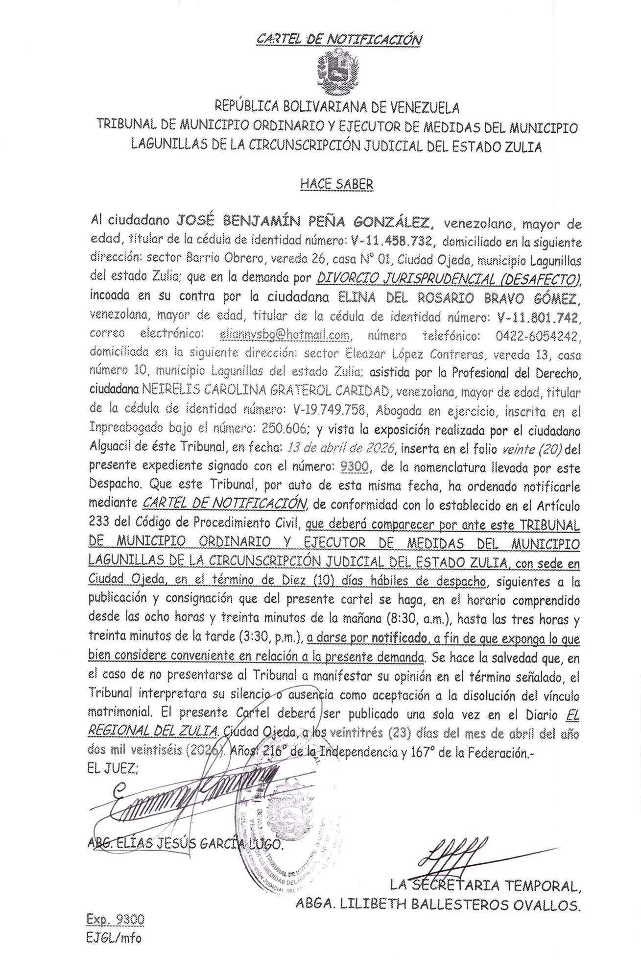 JOSÉ BENJAMÍN PEÑA GONZÁLEZ
