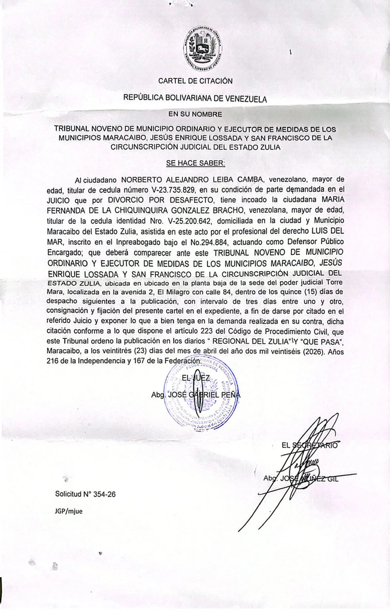 CARTEL DE CITACIÓN – DIVORCIO POR DESAFECTO – «NORBERTO ALEJANDRO LEIBA CAMBA»
