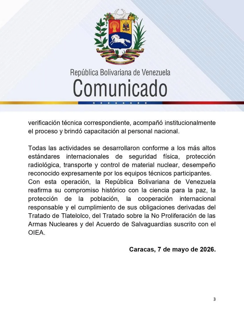 Venezuela finaliza extracción de material nuclear del IVIC