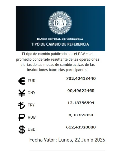 BCV lunes 22 de junio de 2026