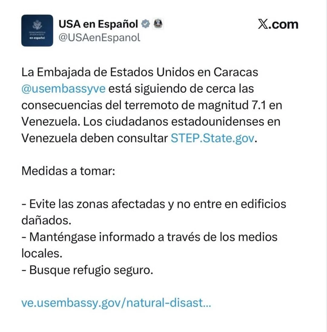 Embajada de EEUU sismo en Venezuela