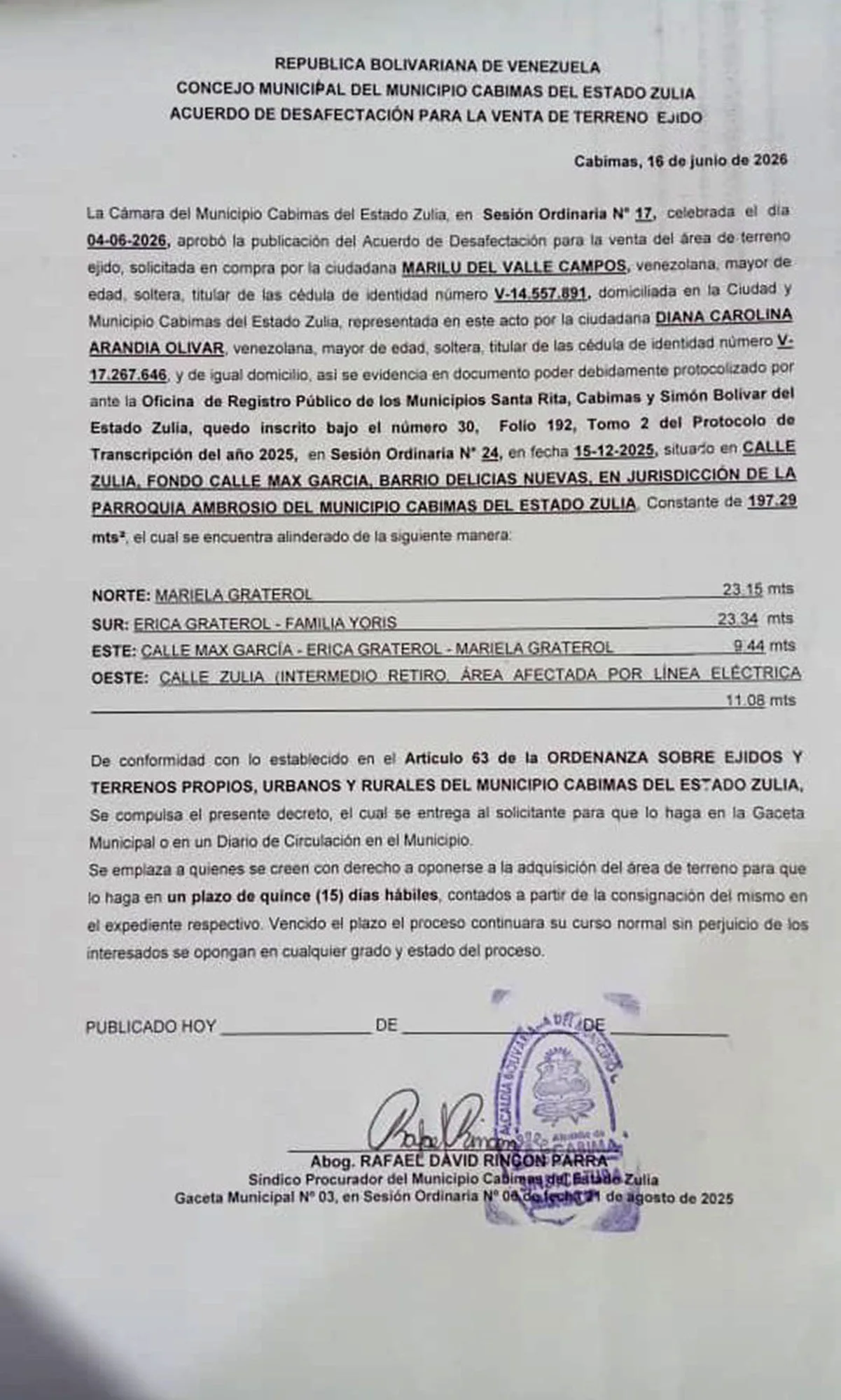 ACUERDO DE DESAFECTACIÓN PARA LA VENTA DE TERRENO EJIDO «MARILU DEL VALLE CAMPOS»