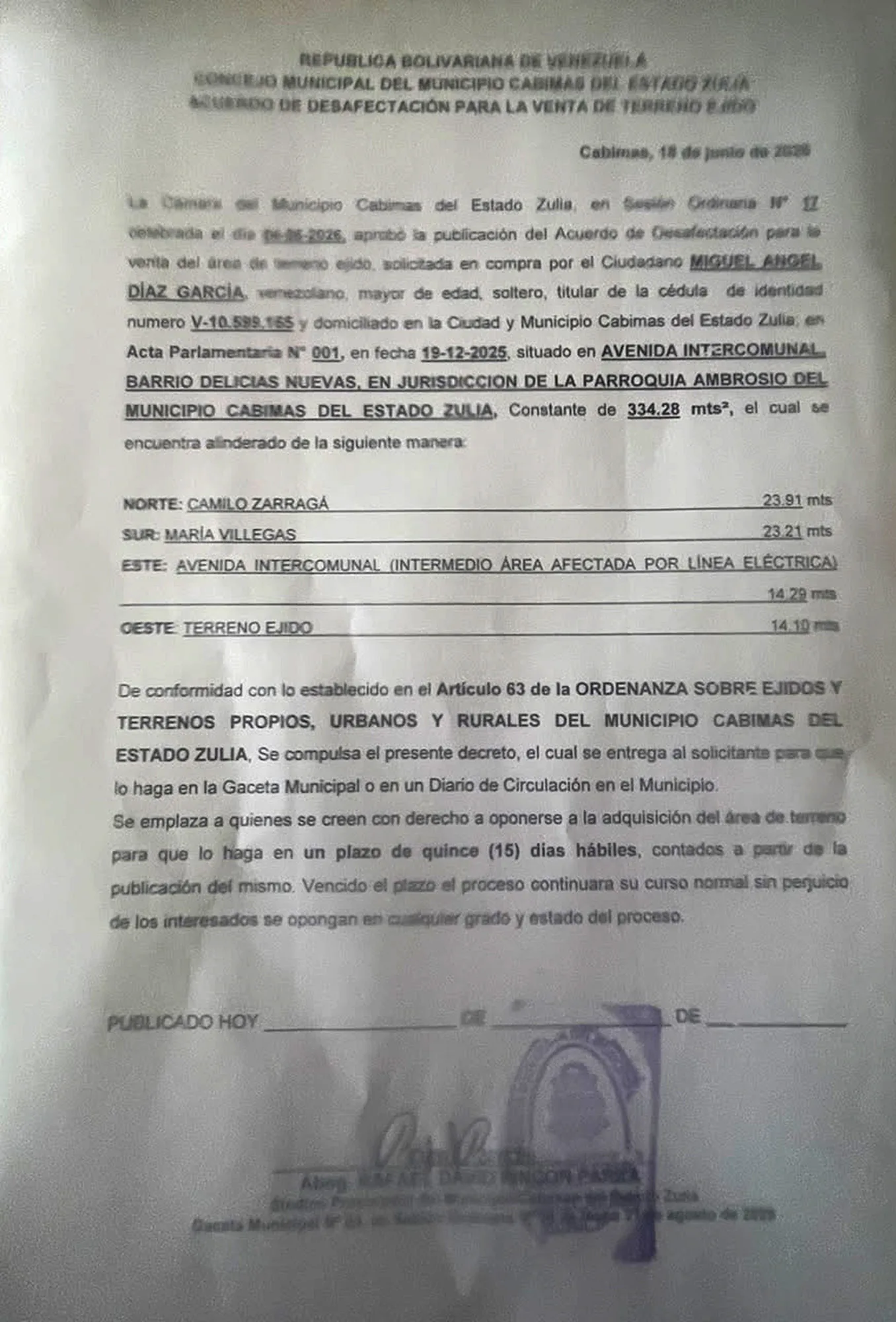 ACUERDO DE DESAFECTACIÓN PARA LA VENTA DE TERRENO EJIDO «MIGUEL ANGEL DÍAZ GARCÍA»
