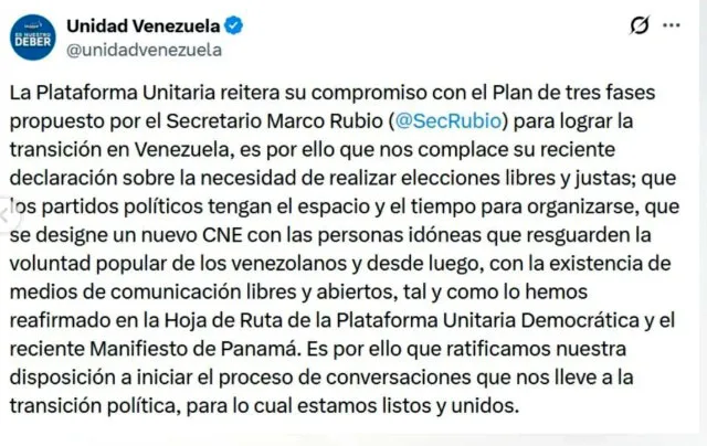 Plataforma Unitaria reiteró apoyo a plan de tres fases de Trump