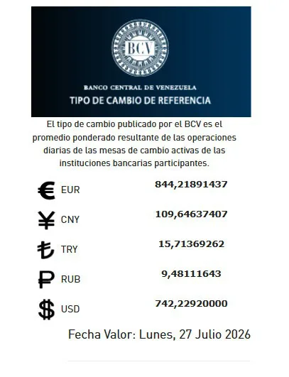 BCV 742,22 bolívares para este lunes 27 de julio de 2026